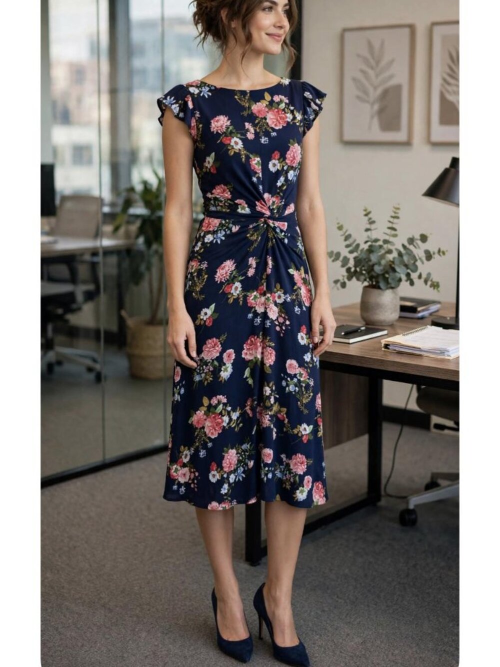 Altar’ d Stare Sleeveless with Ruffle Navy Floral with Front Twisted Ruched Wais